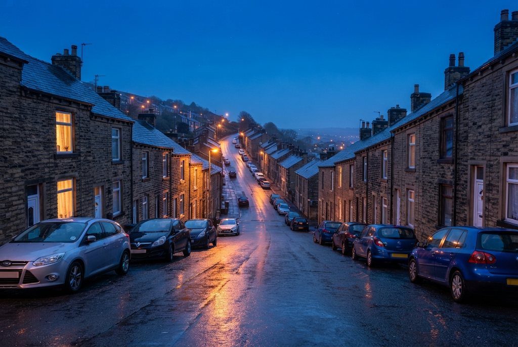 Terraced streets and mill towns across Lancashire.